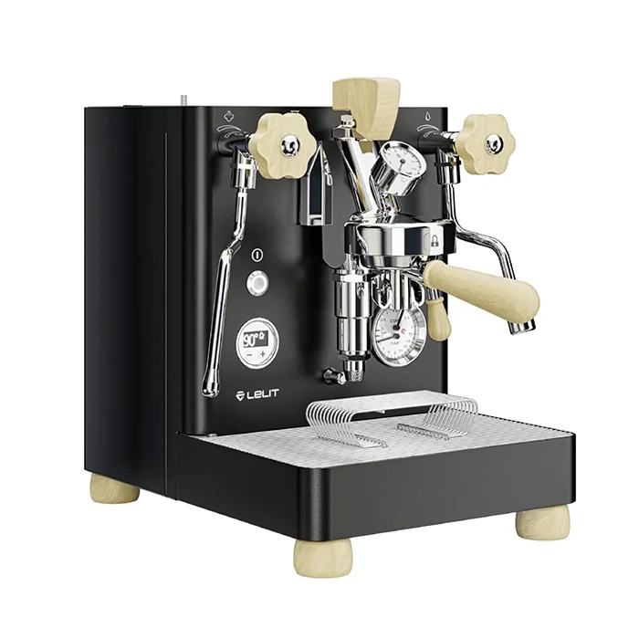 A Lelit Bianca V3 espresso machine black with maple wood accents, showcasing its elegant design