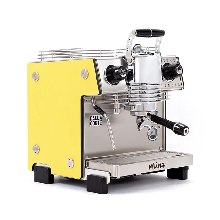 Close-up of the Dalla Corte Mina Espresso Machine Yellow right side, displaying the series of lights indicating flow rate stages during extraction