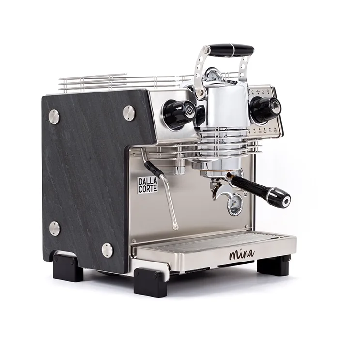 A sleek, Dalla Corte Mina Espresso Machine Stone, showcasing its distinctive manual lever (yoke) and modern design