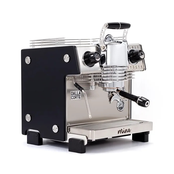 A sleek, Dalla Corte Mina Espresso Machine Black, showcasing its distinctive manual lever (yoke) and modern design