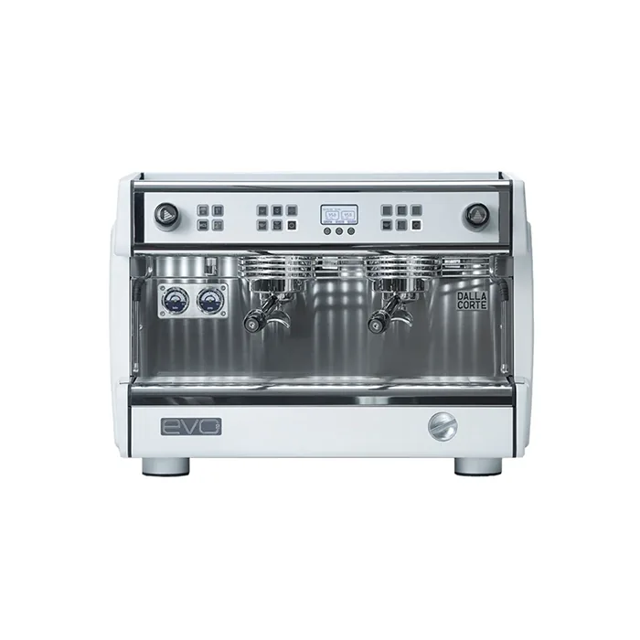 A clean Dalla Corte Evo 2 Espresso Machine White, showcasing its multi-group design