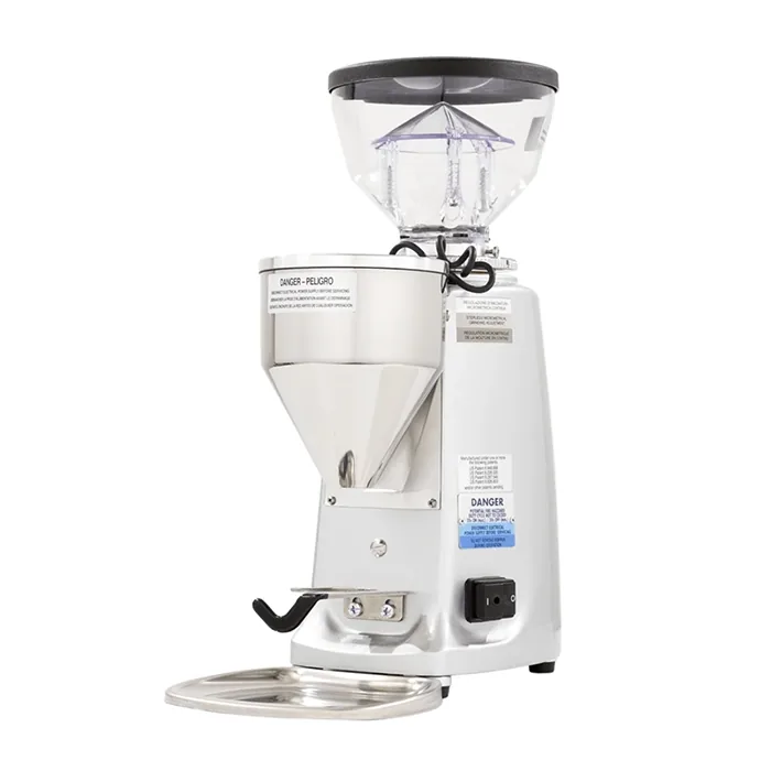 A sleek Mazzer Mini Electronic Type A espresso grinder in black, showcasing its short hopper and electronic controls