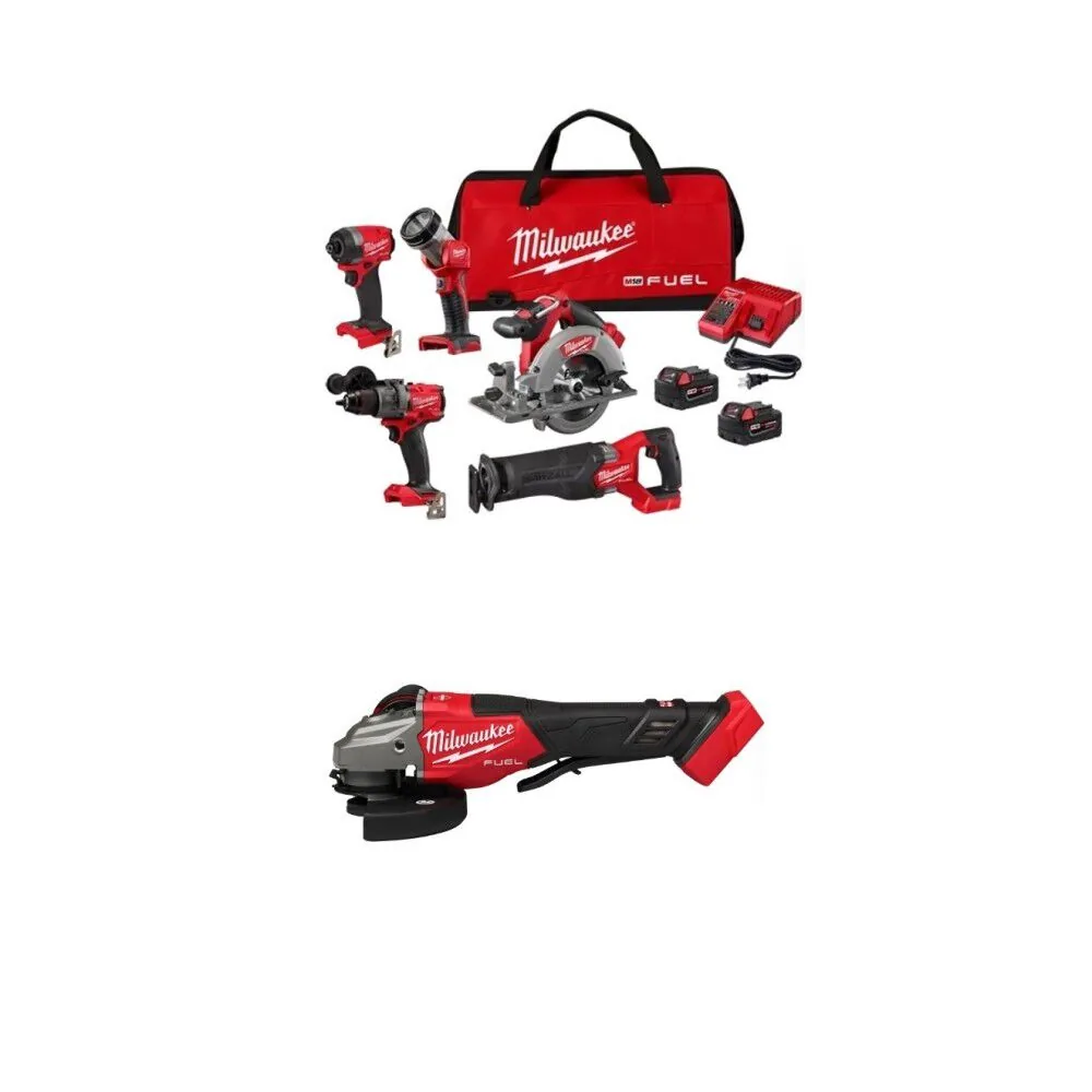 NEW Milwaukee M18 FUEL 5-Tool Combo Kit, 4-1/2-6 Inch Braking Grinder Bundle