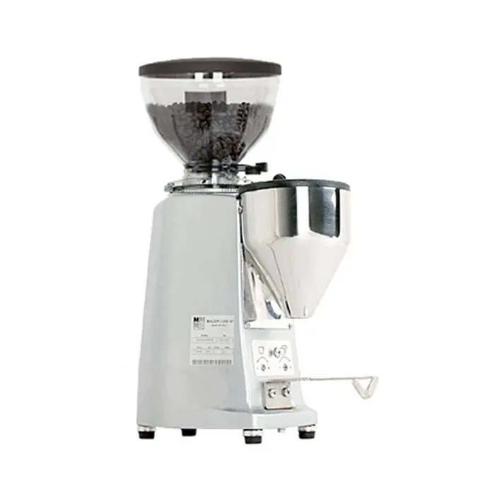 A sleek Mazzer Mini Electronic Type B espresso grinder in black, showcasing its short hopper and portafilter fork