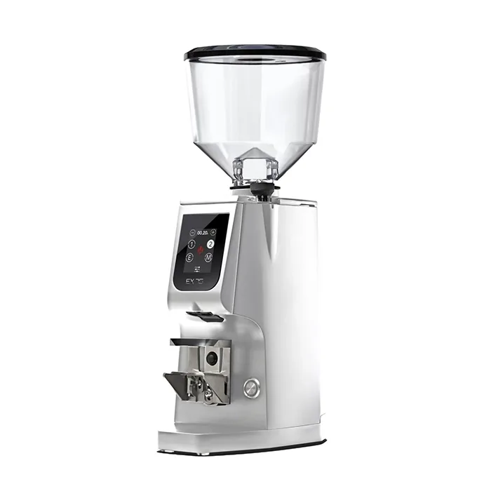 A sleek, Eureka Atom Excellence 75 Chrome espresso grinder on a countertop, emphasizing its sturdy build and modern appearance
