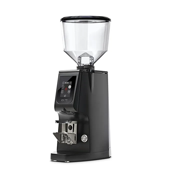 A sleek, Eureka Atom Excellence 75 Black espresso grinder on a countertop, emphasizing its sturdy build and modern appearance