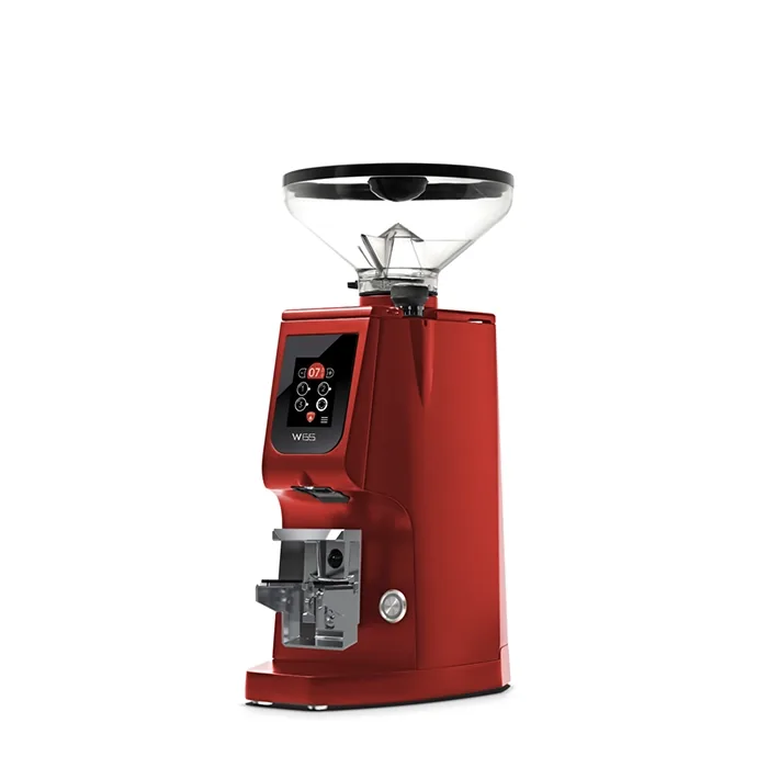 A sleek, Eureka Atom W 65 espresso grinder Red on a counter, highlighting its compact design