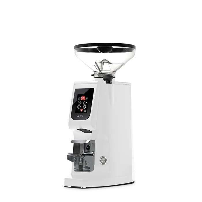 A sleek, Eureka Atom W 75 espresso grinder White on a counter, highlighting its compact design