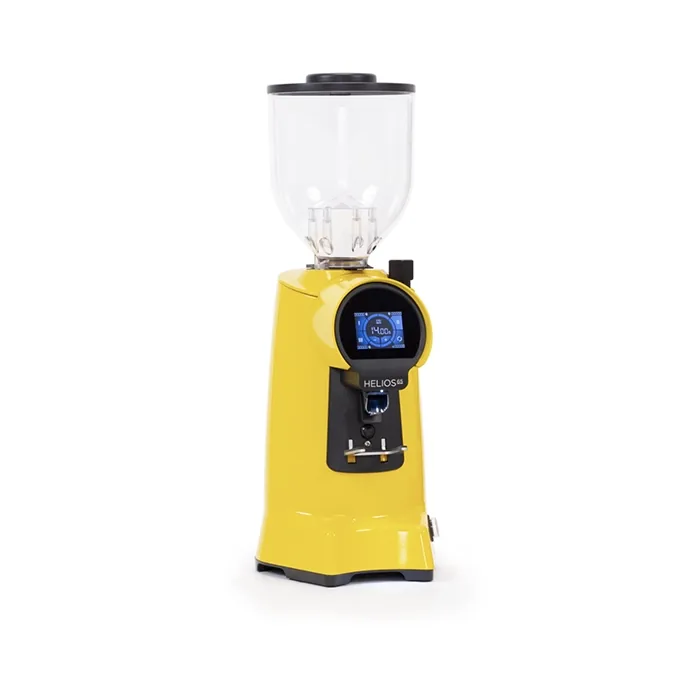 A sleek, Eureka Helios 65 espresso grinder Yellow, highlighting its large bean hopper and prominent touchscreen