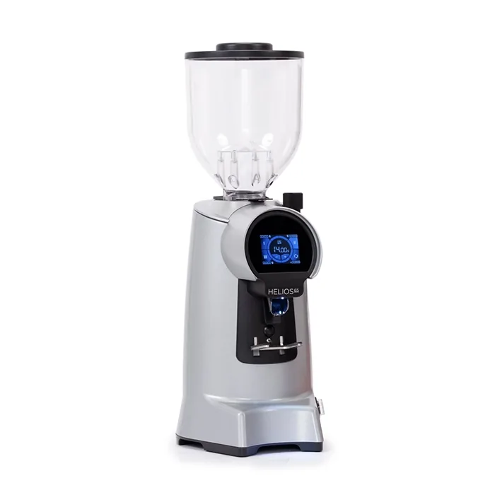 A sleek, Eureka Helios 65 espresso grinder Grey, highlighting its large bean hopper and prominent touchscreen