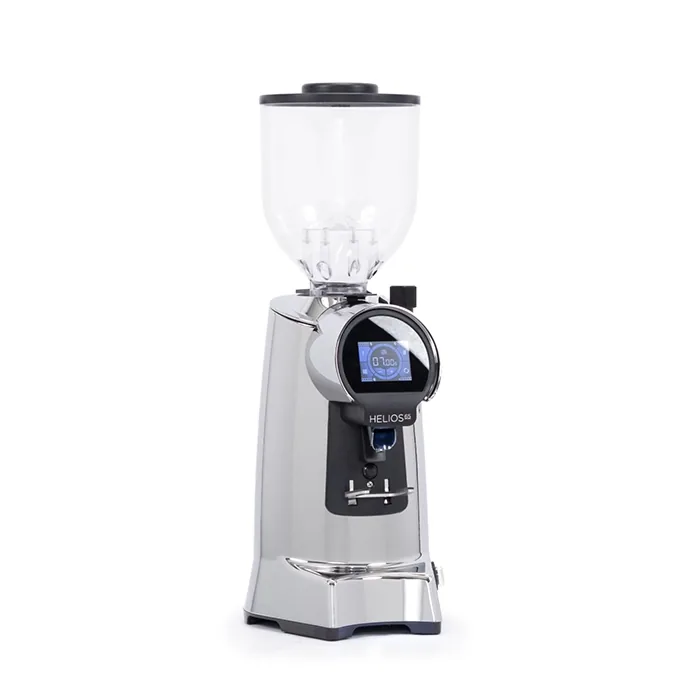 A sleek, Eureka Helios 65 espresso grinder Chrome, highlighting its large bean hopper and prominent touchscreen