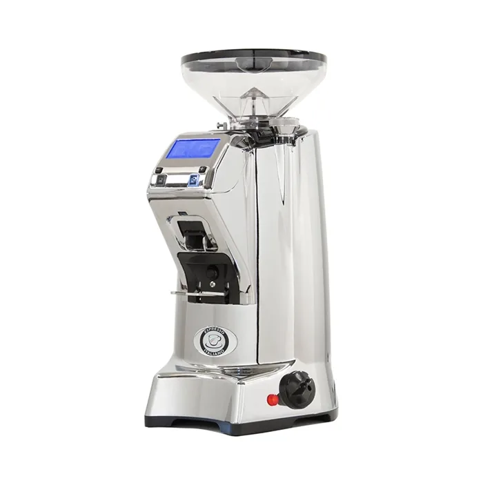 A sleek, Eureka Zenith 65E espresso grinder chrome, showcasing its modern design and bean hopper