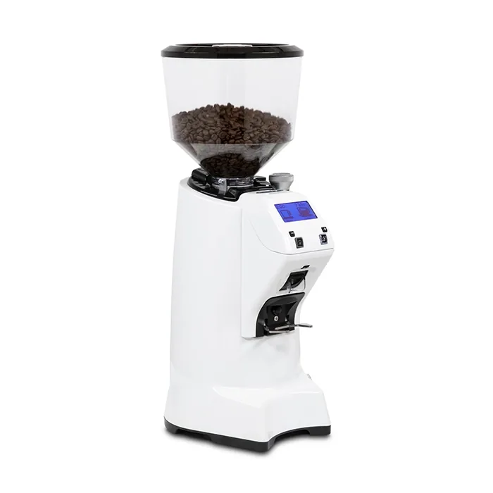 A sleek, Eureka Olympus 75 NEO White on a counter, with its large bean hopper