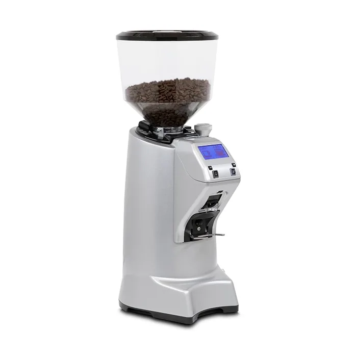 A sleek, Eureka Olympus 75 NEO Grey on a counter, with its large bean hopper