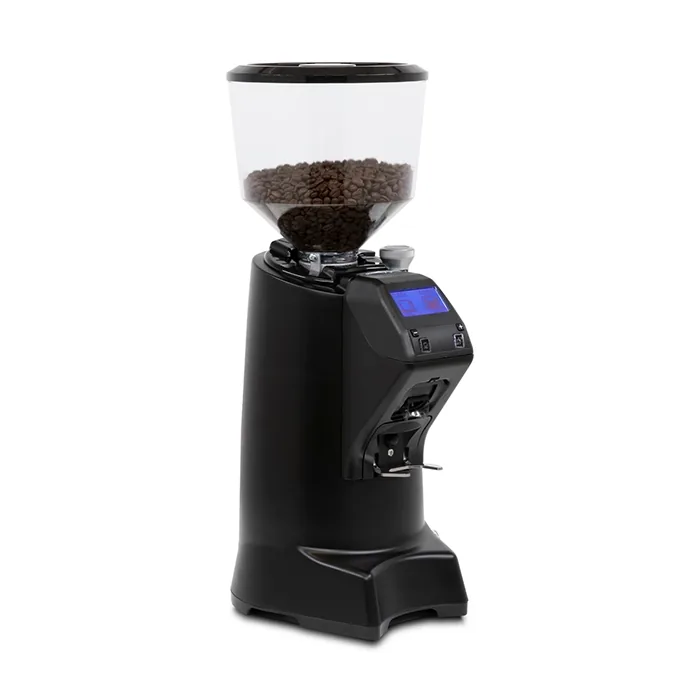 A sleek, Eureka Olympus 75 NEO black on a counter, with its large bean hopper