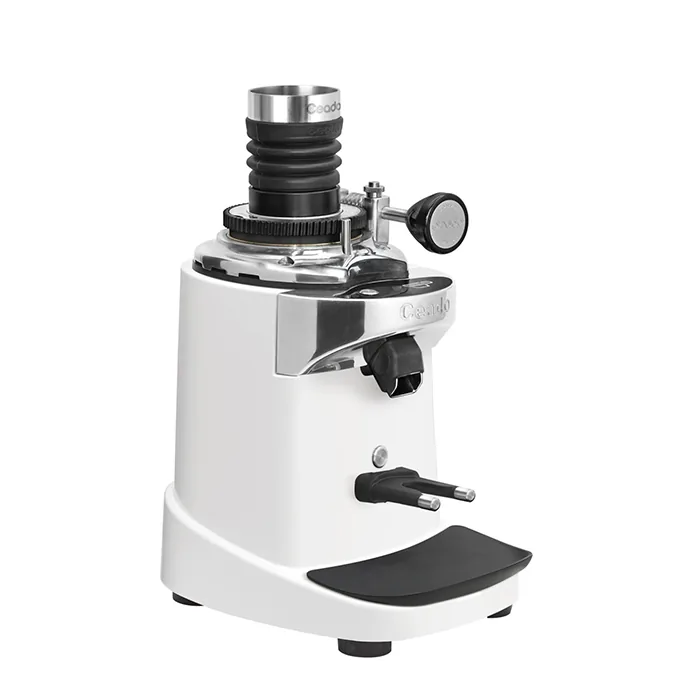 A sleek, Ceado E37SD Coffee Grinder White single-dose coffee grinder on a counter, with its Quick Set Gear visible