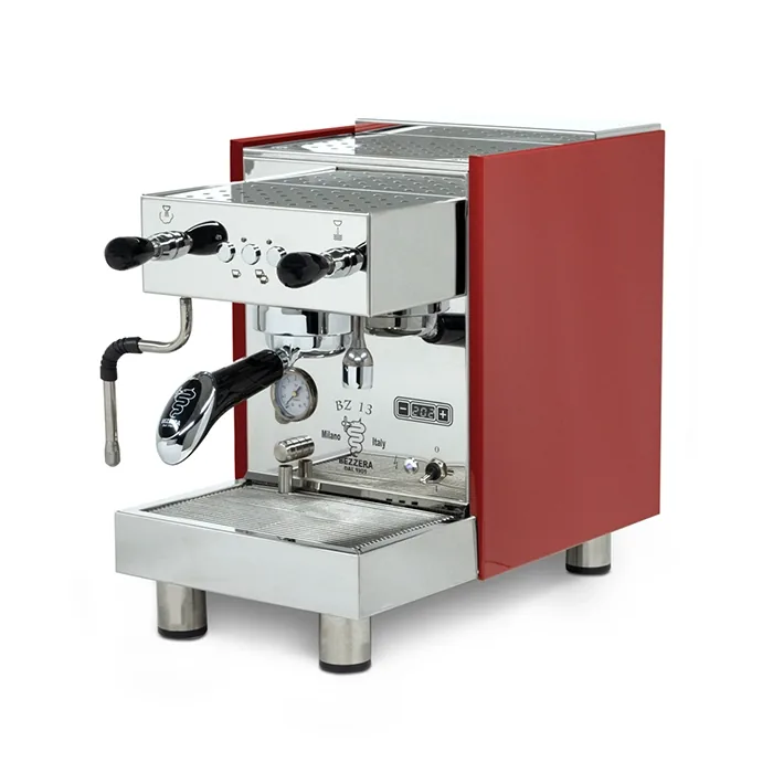 A Bezzera BZ13 DE espresso machine Red, showcasing its polished stainless steel and front control panel