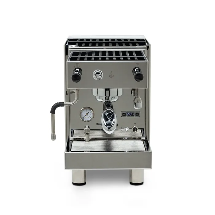 A Bezzera BZ13 PM espresso machine Stainless, showcasing its polished stainless steel housing and ergonomic design