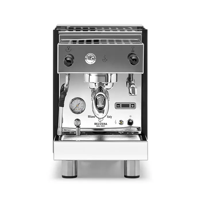 A Bezzera BZ13 PM espresso machine black, showcasing its polished stainless steel housing and ergonomic design