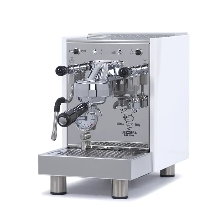 A sleek, Bezzera BZ10 Espresso Machine White, showcasing its compact size and dual needle gauge