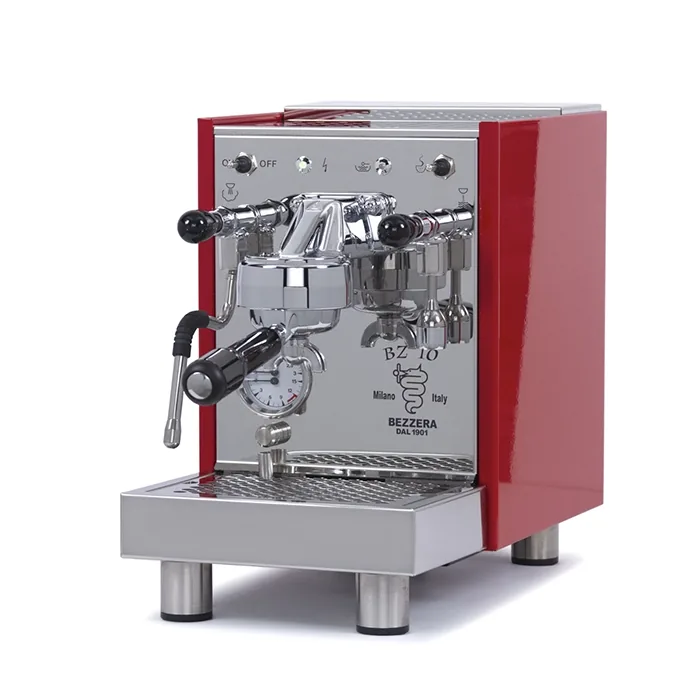 A sleek, Bezzera BZ10 Espresso Machine Red, showcasing its compact size and dual needle gauge