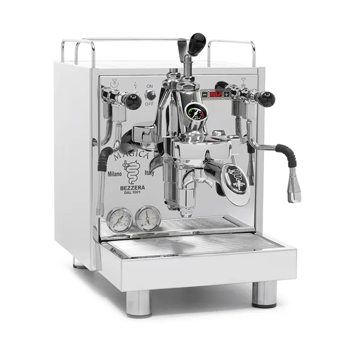 A polished stainless steel Espresso Machine Bezzera Magica PID, showcasing its classic E61 group head and large cup warmer
