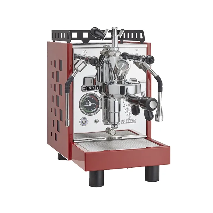 A Bezzera Aria PID espresso machine Red, showcasing its compact design and patterned housing