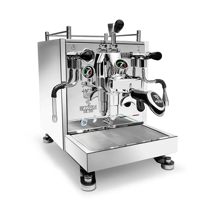 A sleek, Bezzera Sole espresso machine Stainless with its distinctive moon-lander feet and E61 group head visible