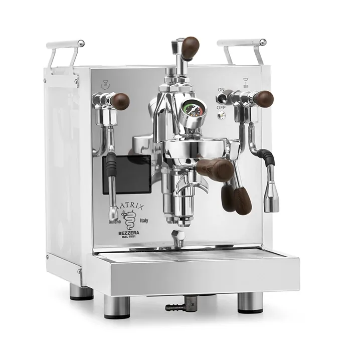 A Bezzera Matrix MN espresso machine Wenge with its side panels illuminated in a vibrant color, highlighting the rosewood handles