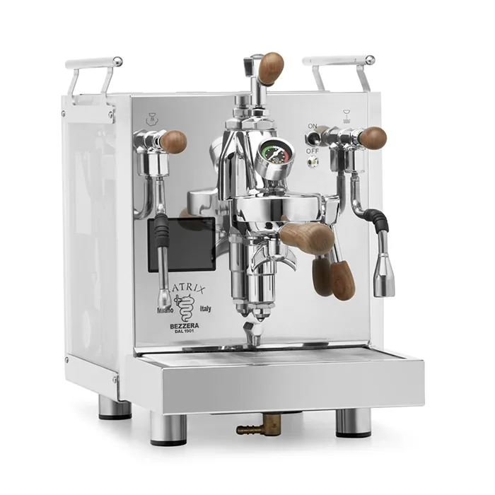 A Bezzera Matrix MN espresso machine Walnut with its side panels illuminated in a vibrant color, highlighting the rosewood handles