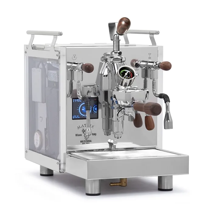 A Bezzera Matrix MN espresso machine Rosewood with its side panels illuminated in a vibrant color, highlighting the rosewood handles