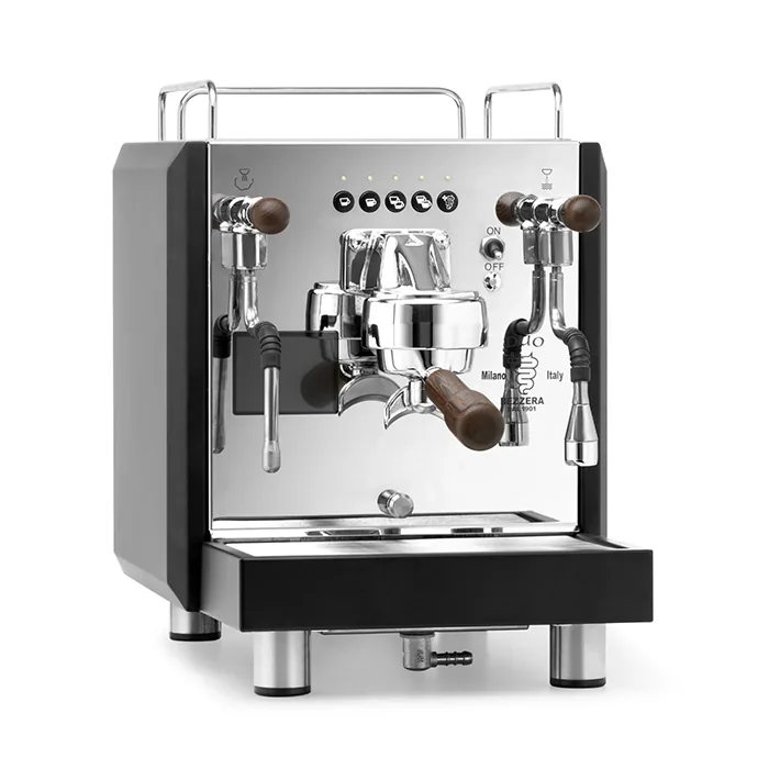 A Bezzera DUO DE espresso machine black, showcasing its modern design and touchscreen display