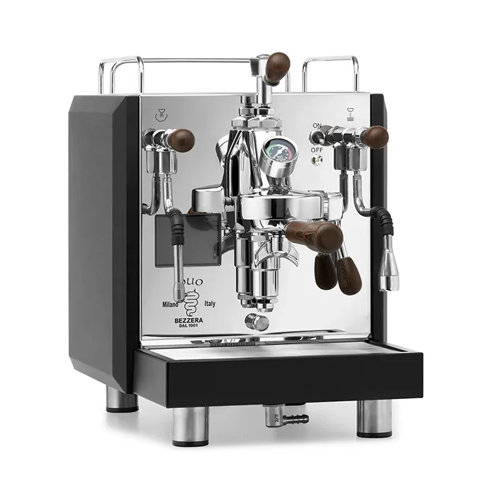 A Bezzera DUO MN espresso machine black, showcasing its stainless steel body and rosewood accents