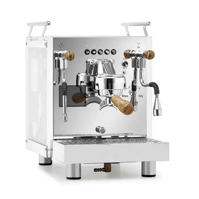 A Bezzera Matrix DE espresso machine zebra wood with its light-scattering side panels illuminated in a vibrant color, featuring rosewood handles
