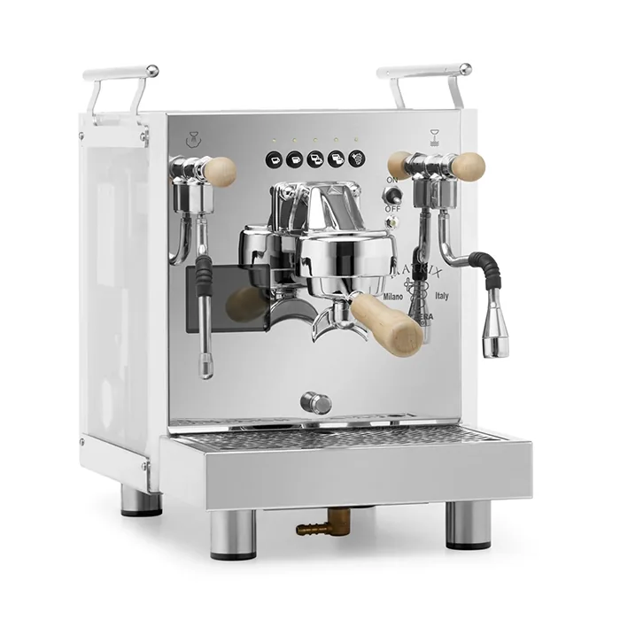 A Bezzera Matrix DE espresso machine tiger maple with its light-scattering side panels illuminated in a vibrant color, featuring rosewood handles