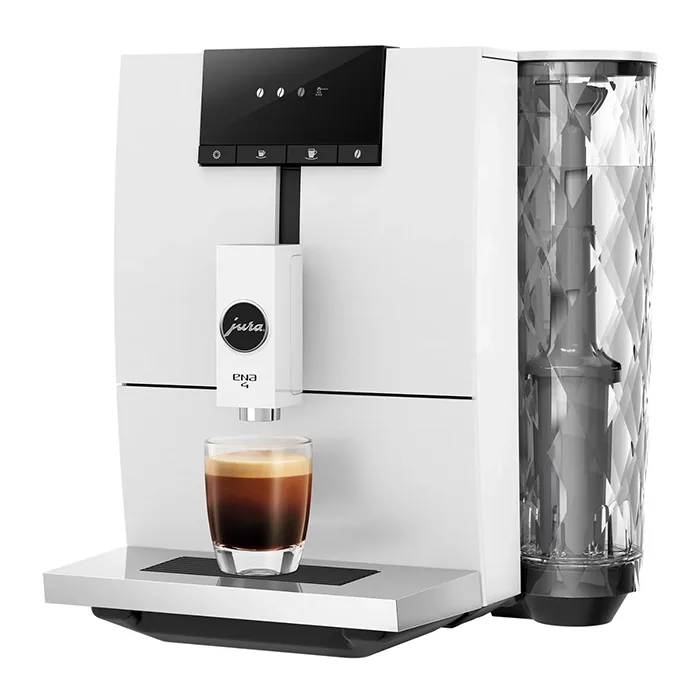 Front view of the JURA ENA 4 espresso machine white, showcasing its sleek, minimalist design