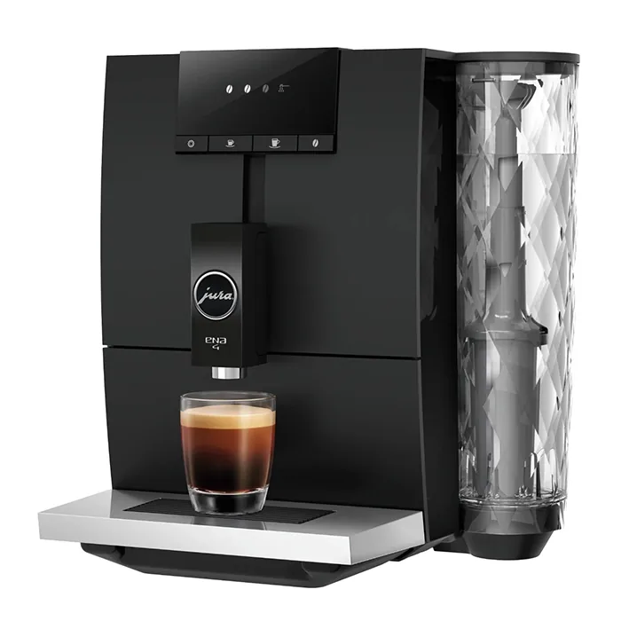 Front view of the JURA ENA 4 espresso machine black, showcasing its sleek, minimalist design