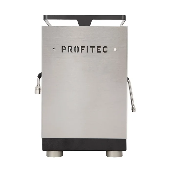A sleek, stainless steel Profitec JUMP Espresso Machine, highlighting its compact design and E61 group head