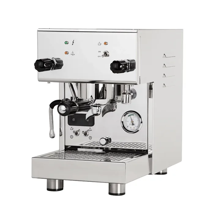A polished stainless steel Profitec Pro 300 Espresso Machine White, showcasing its compact size and front panel gauges