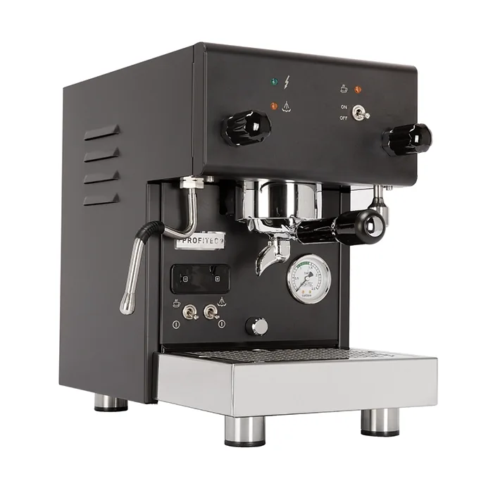 A polished Profitec Pro 300 Espresso Machine Black, showcasing its compact size and front panel gauges