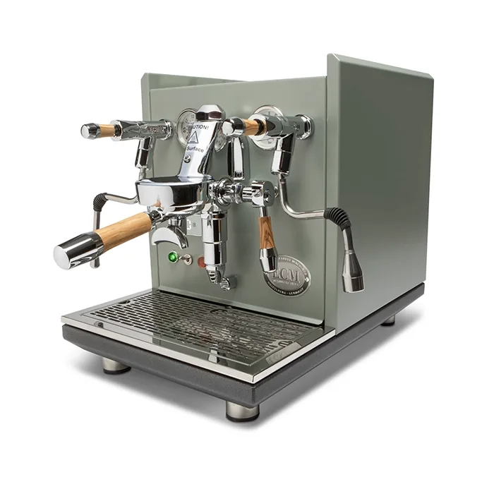 A detailed shot of the E61 group head on the ECM Synchronika Espresso Machine Grey, highlighting its updated stainless-steel internal components