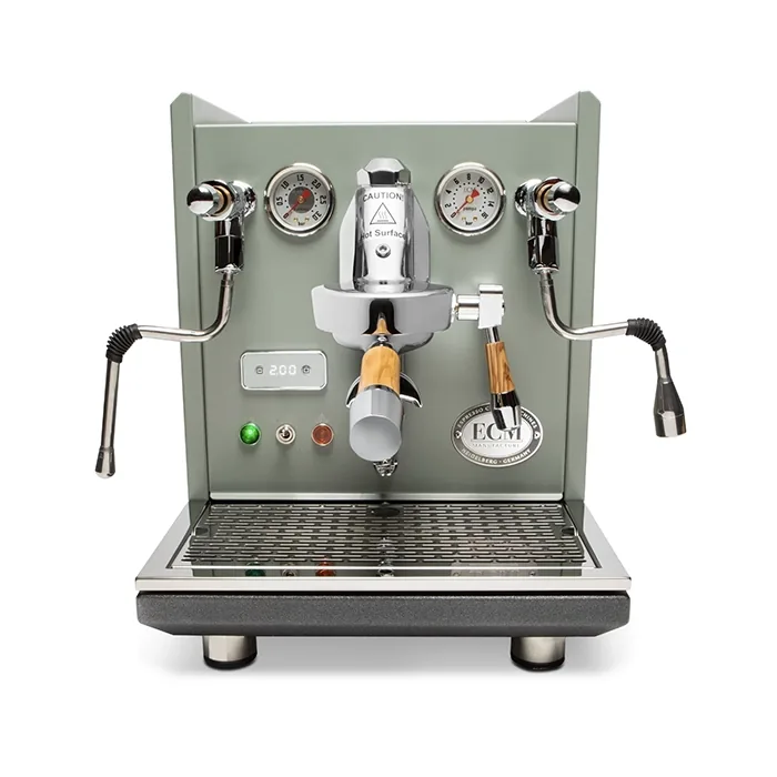 A sleek, ECM Synchronika Espresso Machine Grey, showcasing its dual gauges and E61 group head, with wood accents