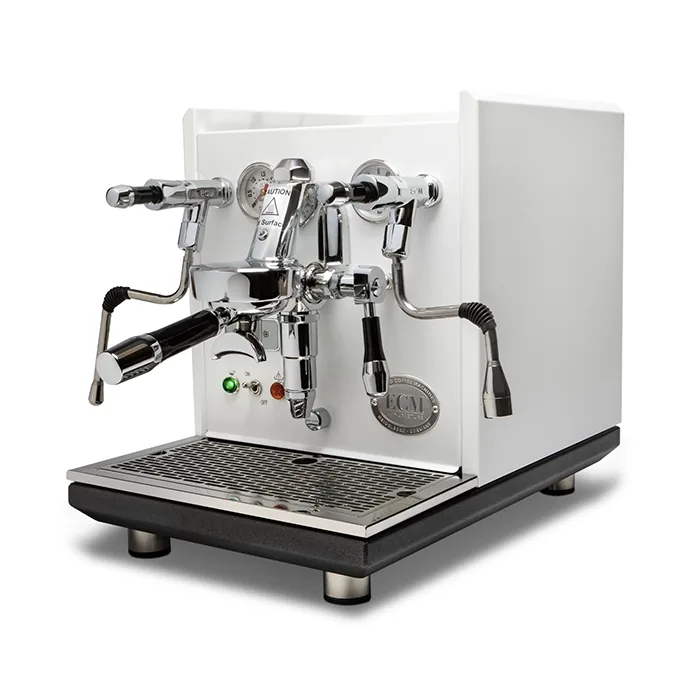 A detailed shot of the E61 group head on the ECM Synchronika Espresso Machine White, highlighting its updated stainless-steel internal components