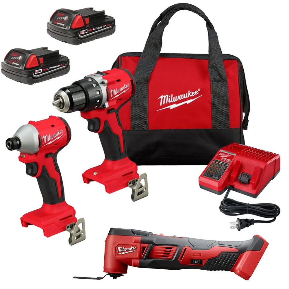 NEW Milwaukee M18 1/2 Inch Drill Driver, 1/4 Inch Impact Driver & Multi-Tool Saw Kit Bundle