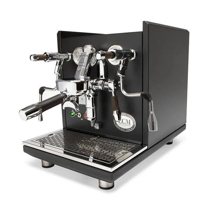 A detailed shot of the E61 group head on the ECM Synchronika Espresso Machine Black, highlighting its updated stainless-steel internal components