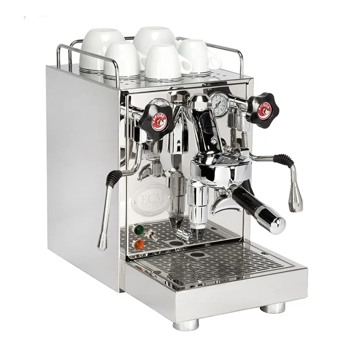 A sleek, polished stainless steel ECM Mechanika V Slim espresso machine, showcasing its slender profile and E61 group head