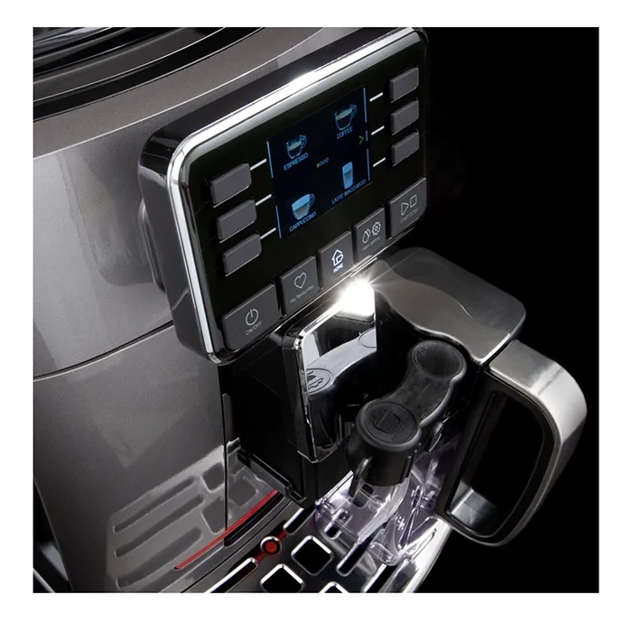 The Gaggia Cadorna Prestige Chocolate with hydro-dipped panels, showcasing its full-color TFT display and integrated milk carafe