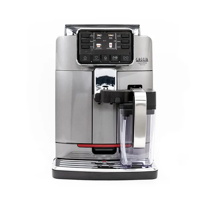 A detailed shot of the Gaggia Cadorna Prestige White full-color TFT screen displaying various beverage options or user profiles