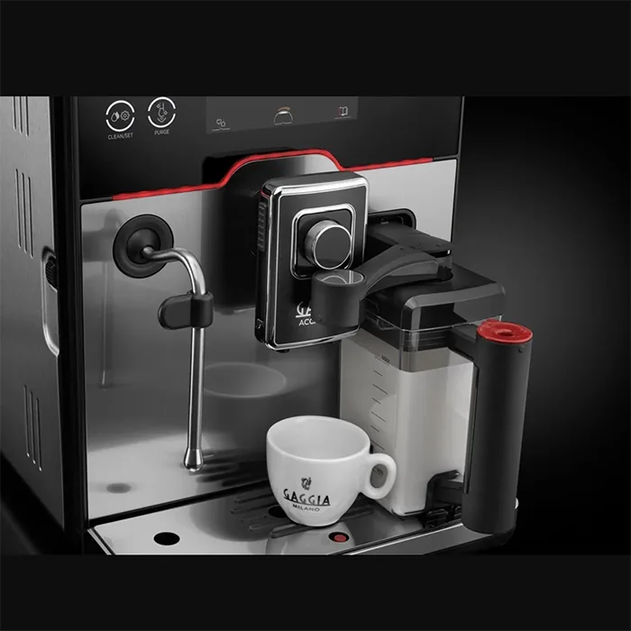 A detailed shot of the Gaggia Accademia Brushed Stainless commercial steam wand articulating for milk frothing