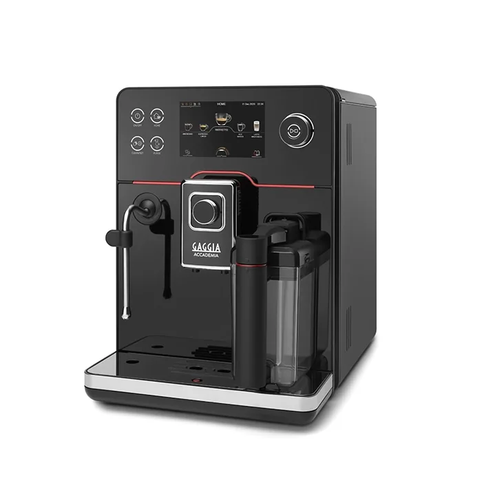 A sleek Gaggia Accademia Black Glass with its prominent black glass front panel and touch display